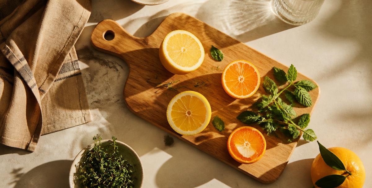 A beautifully lit kitchen counter with citrus and fresh herbs